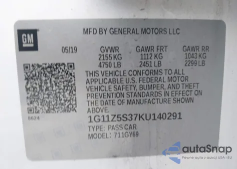 2019 Chevrolet Impala Lt from USA, damaged, VIN 1G11Z5S37KU140291